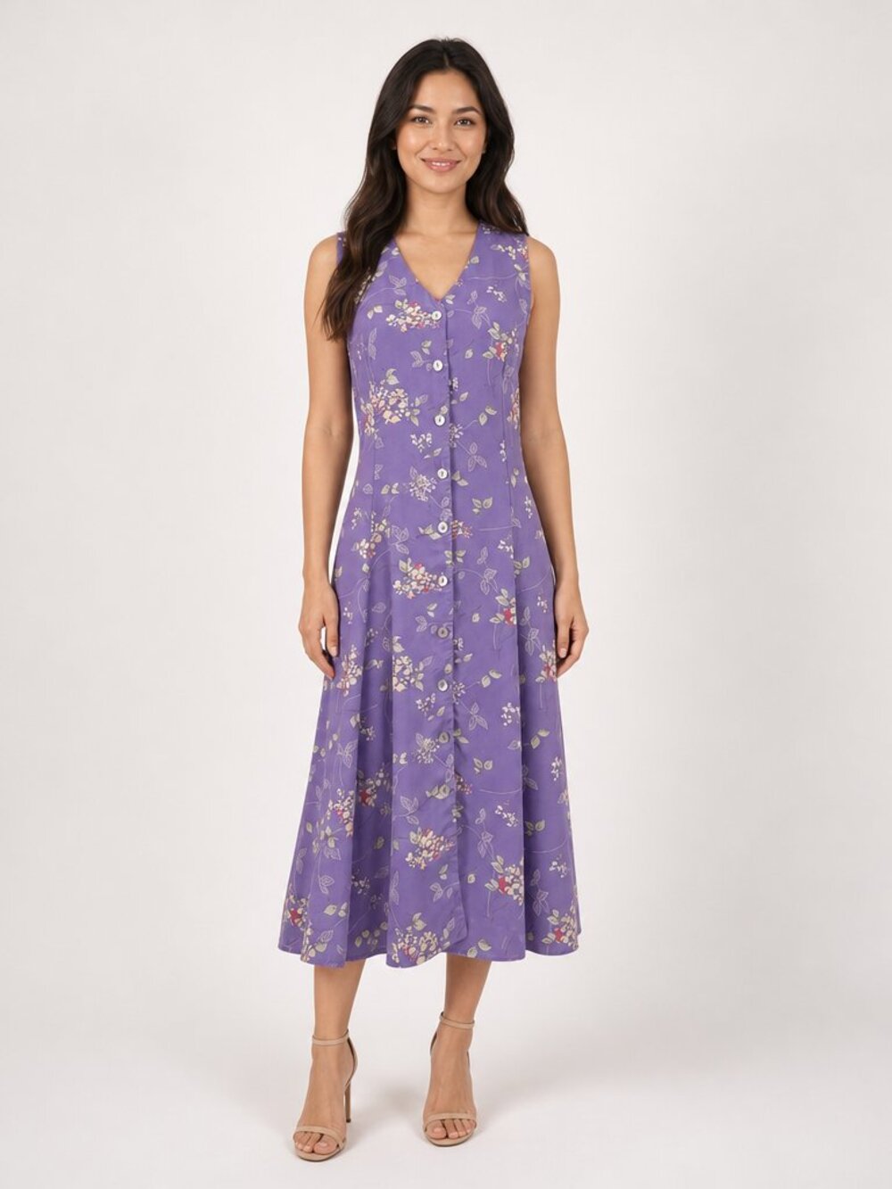 Vintage Lavender Floral Sleeveless Midi Dress M Cottage Wedding Guest Boho